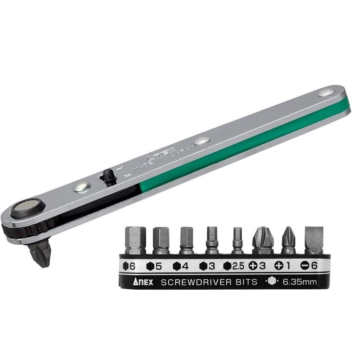 ANEX Ultra Low Profile Offset Ratcheting Screwdriver and Hex Wrench 90 Degree For Tight Area Magnetic 9 Bits Set Straight Flathead Green