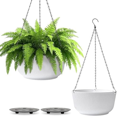 T4U 10 Inch Hanging Planters for Indoor Outdoor Plants, 2 Pack White Self Watering Hanging Plant Pot, Hanging Pots Set with Drainage Hole & Plug & Chain with 3 Hooks for Garden Home Decor