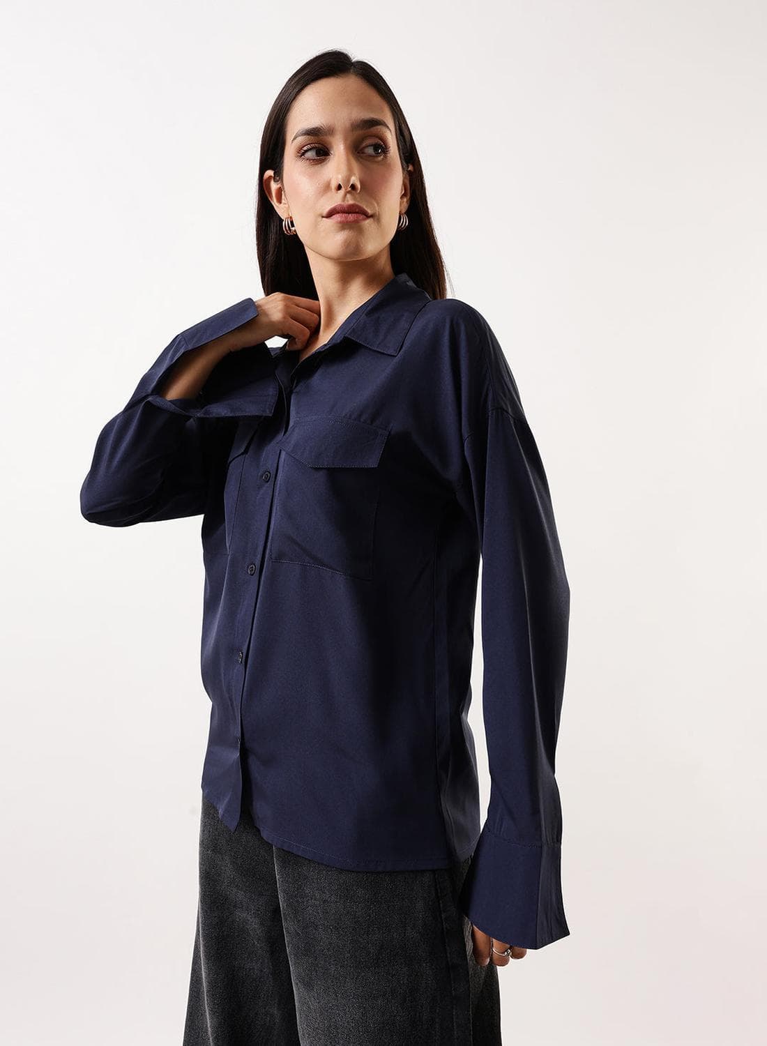 Women's Navy Poly Crepe Solid Button Down Regular Fit Shirt