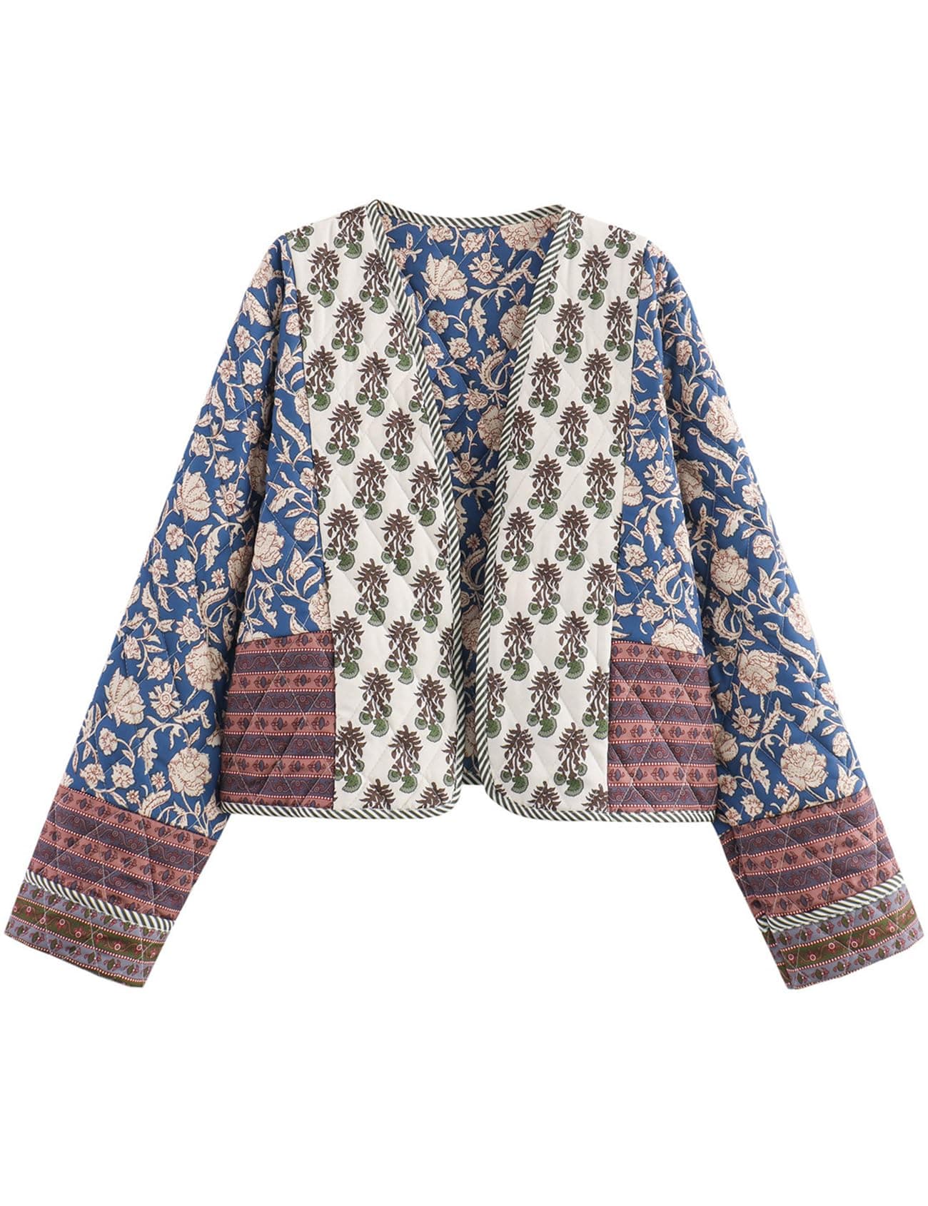 Flygo Women Cropped Puffer Jacket Cardigan Floral Printed Quilted Coats Lightweight Open Front Crop Padded Down Jackets01BlueM