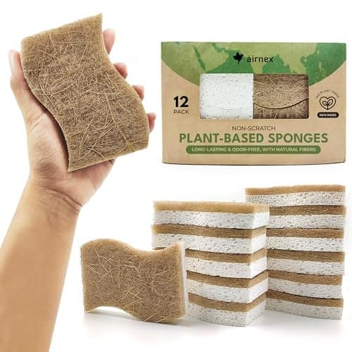 AIRNEX Natural Kitchen Sponge Biodegradable Compostable Cellulose and Coconut Scrubber Sponge Pack of 12 Eco Friendly Sponges for Dishes