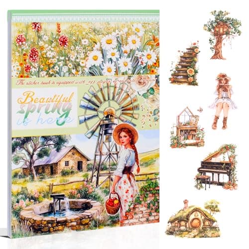 Dwpetzo Spring Cottage Scenery Scrapbook Stickers 20 Sheets A5 PreCut PET Washi Stickers Book for Journaling Junk Journal Supplies Bujo Collage Crafts Arts