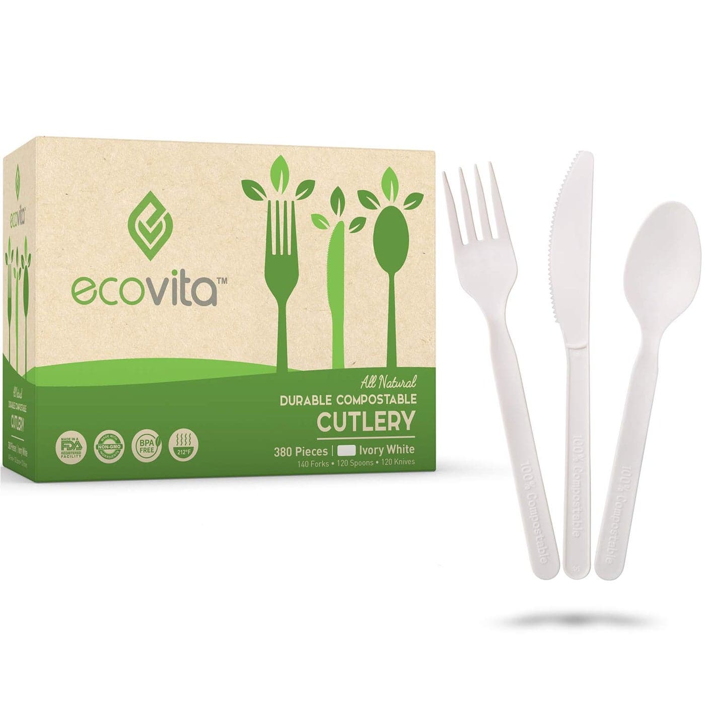 Ecovita 100 Compostable Forks Spoons Knives Cutlery Combo Set 380 Large Disposable Utensils 7 in Eco Friendly Durable and Heat Resistant Alternative to Plastic Silverware with Convenient Tray