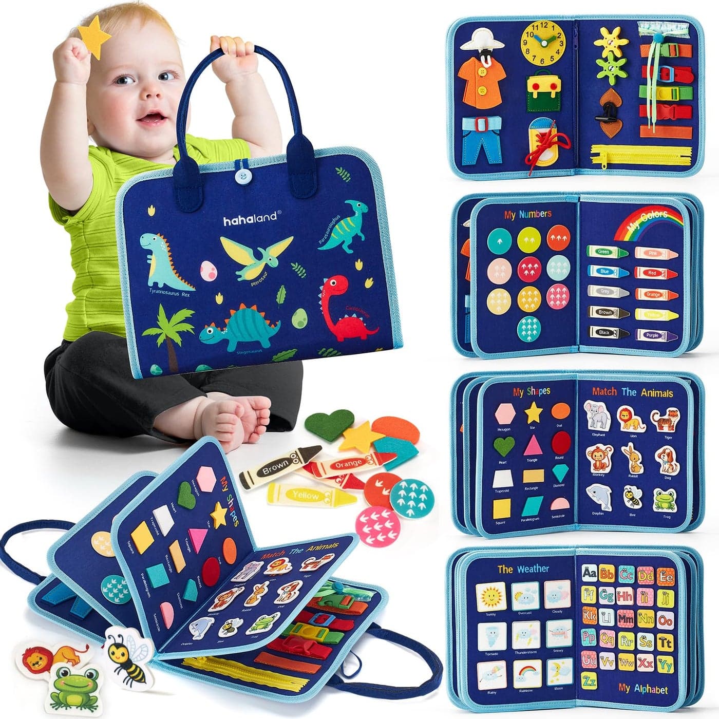 hahaland Busy Board for 1 Year Old Montessori Toys for 2 Year Old Boy Birthday Gift Preschool Learning Activities Toddlers Boy Toys 23 with Life SkillsAlphabetNumberShapeColorAnimalWeather