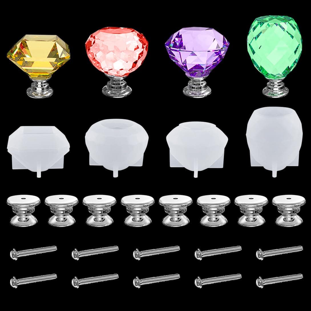 Koonafy 4 Pcs Cabinet Knob Resin Mold Drawer Knob Silicone Mold Polygonal Crystal Cabinetry Epoxy Mould with Screws for Dresser Kitchen Cabinets Wardrobe Bathroom Cabinet Desk