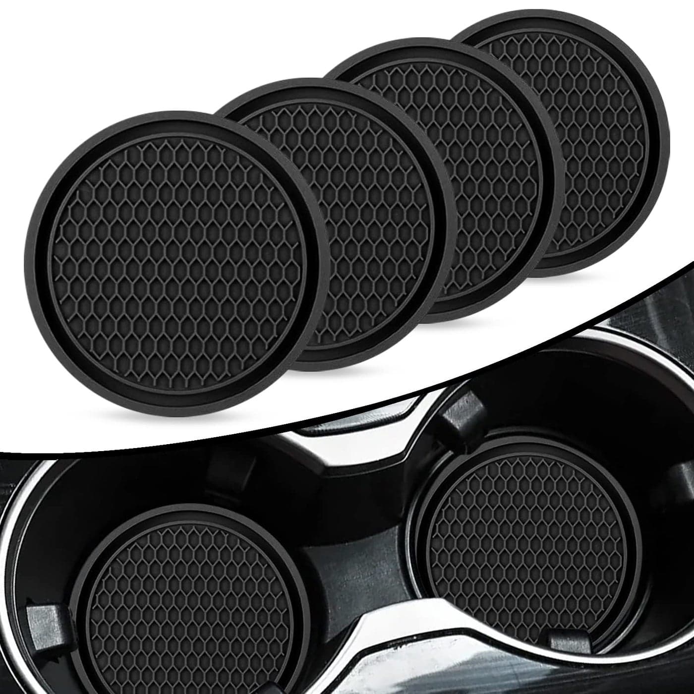 4Piece Universal AntiSlip Silicone Car Cup Holder Inserts Honeycomb Waterproof Fixed Tea Coasters Black