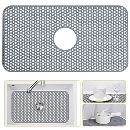 Bestjing Silicone Sink Protectors for Kitchen Sink with Center Drain, 26'' x 14'' Kitchen Protector Accessory, Non-Slip Grid Mat for Bottom of Farmhouse Porcelain Stainless Steel (Center Hole)