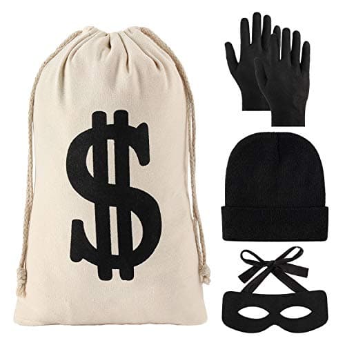 YAROMO 4 Pieces Robber Costume Set Include Canvas Dollar Sign Money Bags Bandit Eye Mask Knit Beanie Cap for Halloween Cosplay Burglar Theme Party
