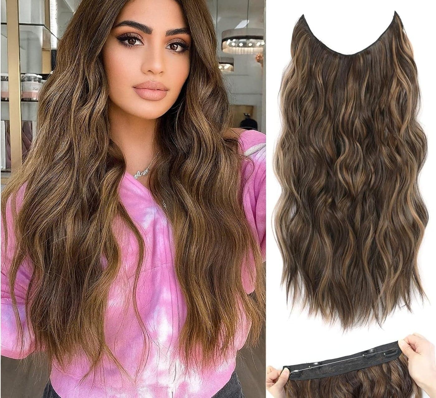 Hair Extensions with Adjustable Invisible Headband, 4 Clip Long Wavy Secret Wire Hairpiece, 20 Inch Honey Blonde Mixed Light Brown Synthetic Hair for Women