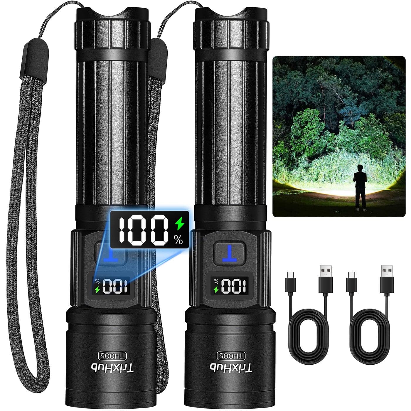 TrixHub Rechargeable Flashlights 2 Pack Super Bright High Lumens Flash Light 5 Modes Zoomable Linternas with LCD Digital Display Powerful Handheld LED Flashlights for Home Emergencies Camping