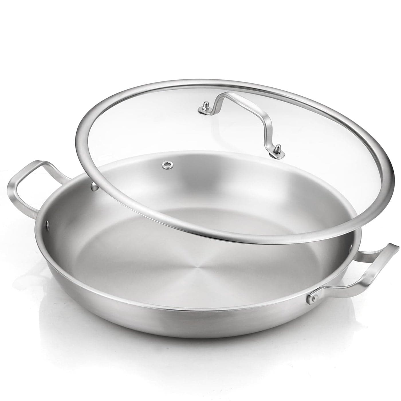 DELARLO 13 Inch TriPly Stainless Steel Paella Pan With Lid Big Frying Pan kitchen Induction Large SkilletsGreat for Paella Parties Indoors OutdoorsHeavy Duty Style