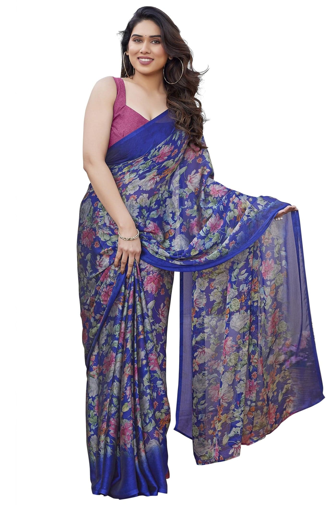 MIRCHI FASHION Chiffon Georgette Floral Printed Sarees for Women with Blouse Piece (43941 - Blue, Green, Pink)