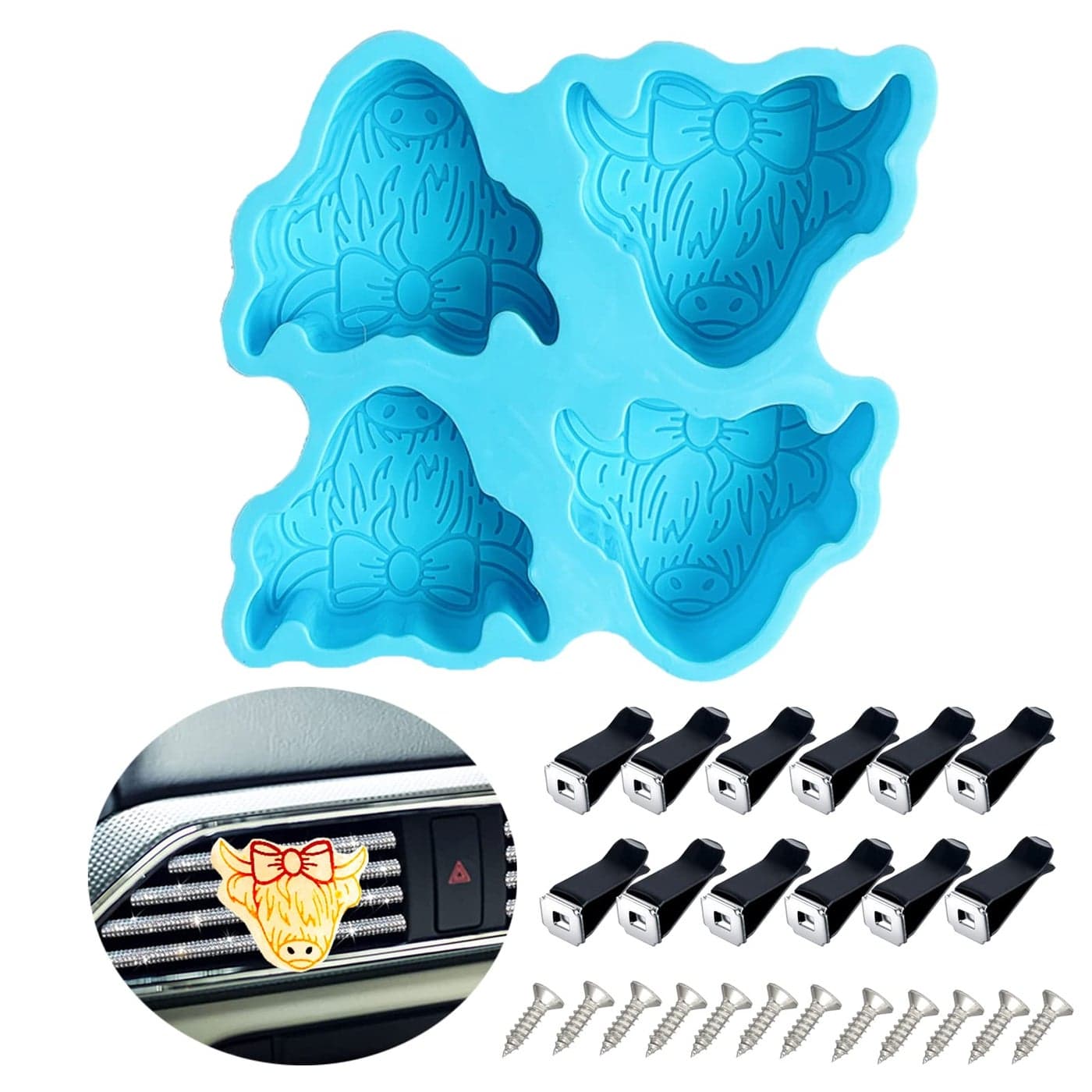 Silicone Molds for Freshies Highland Cow Car Freshie Mold Car Freshies Supplies Molds Silicone Oven Safe Making Kit with 12PCS Car Vent Clips for Freshies Resin Soap Candles