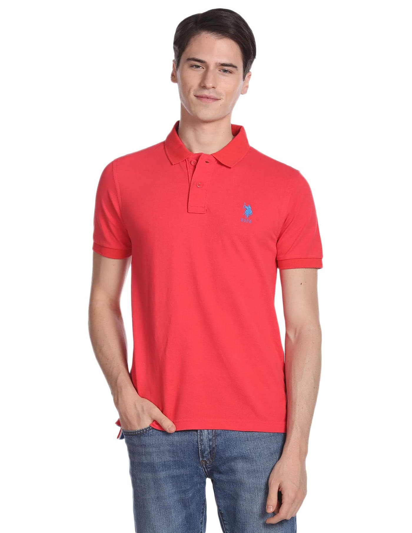 U.S. POLO ASSN. Men's Cotton Solid Regular Polo Shirt (USTSHC0051_Red M)