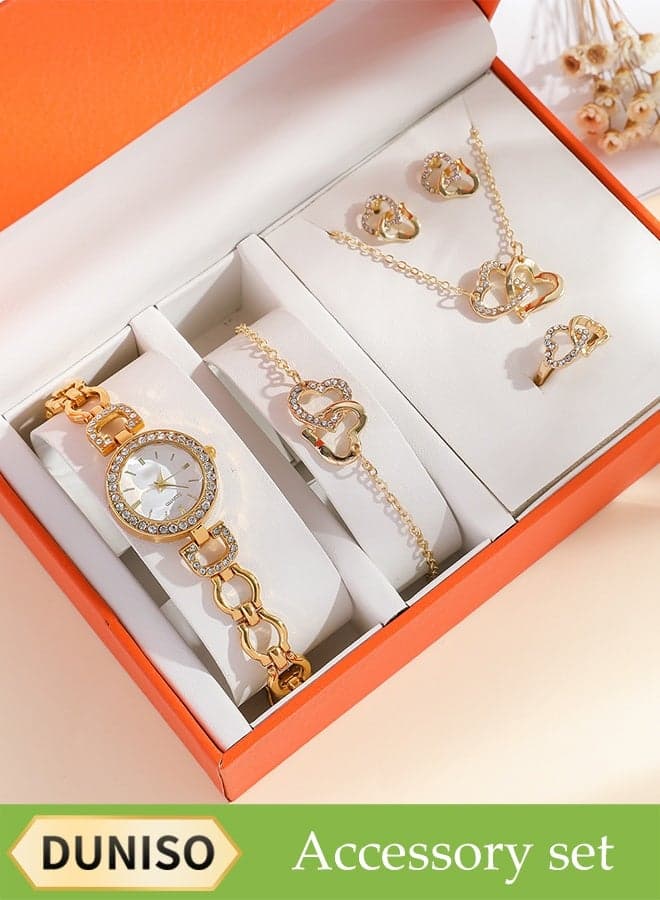 6-Piece Set, Quartz Watch Set, Gold Diamond Hollow Strap, Watch Bracelet Necklace Earrings Ring. High-End Women's Watch Gift Set