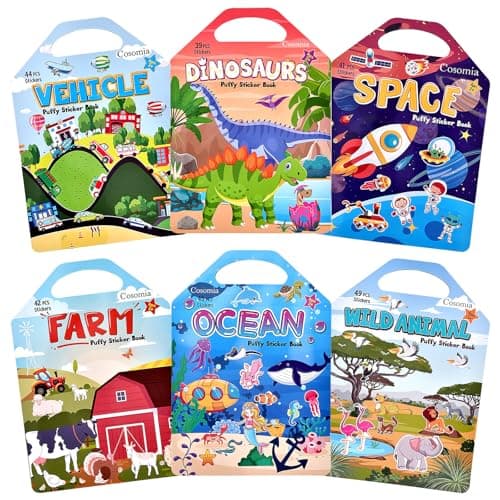Cosomia 6 Set 260pcs Puffy Sticker Books Activity for Kids Animal Farm Dinosaurs Space Vehicle Ocean 3D Reusable Stickers for Boys and Girls Travel Sticker Books for Kids Ages 3