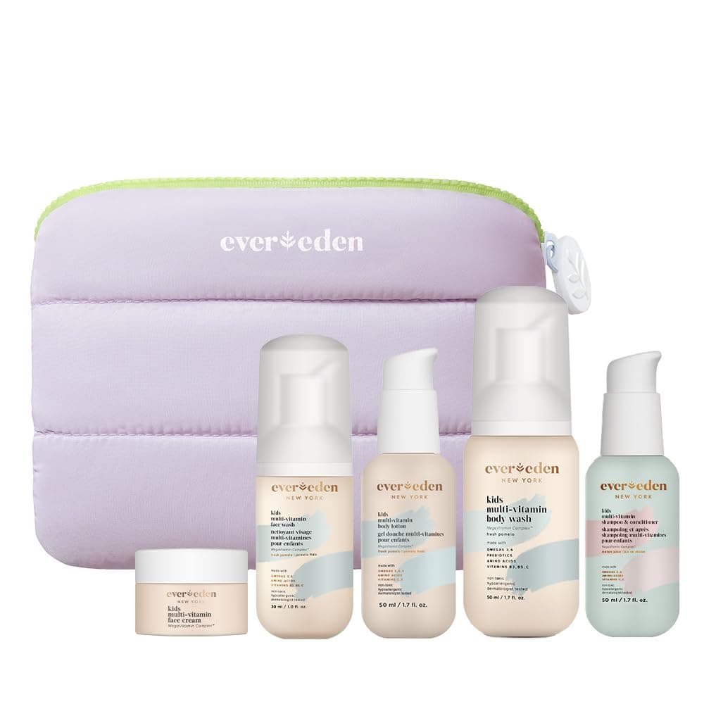 Evereden Kids Travel Set Clean Vegan 5Piece Skin Care Set for Kids MultiVitamin Skin Care Set wt Body Wash Lotion Face Wash Cream Shampoo Conditioner in a Puffy bag TSAapproved