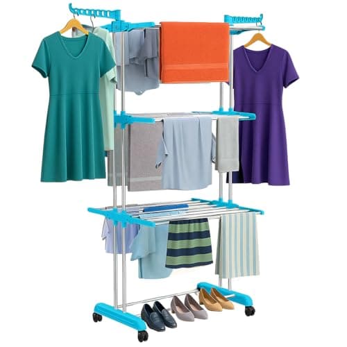 H Houseware Foldable Cloth Drying Stand Stainless Steel 3 Tier Heavy-Duty Clothes Dryer for Balcony Indoor & Outdoor Use with Wheels & Hanger Slots Rust-Proof (Blue) 121.9 x 68.6 x 167.6 Cm