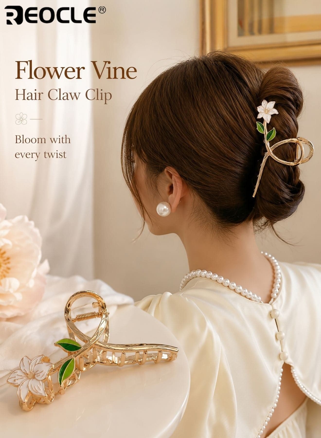 Women's Floral Accent Hair Claw Clip Decorative Hair Styling Accessory Sturdy Multi-Use Hair Clip for Daily Use