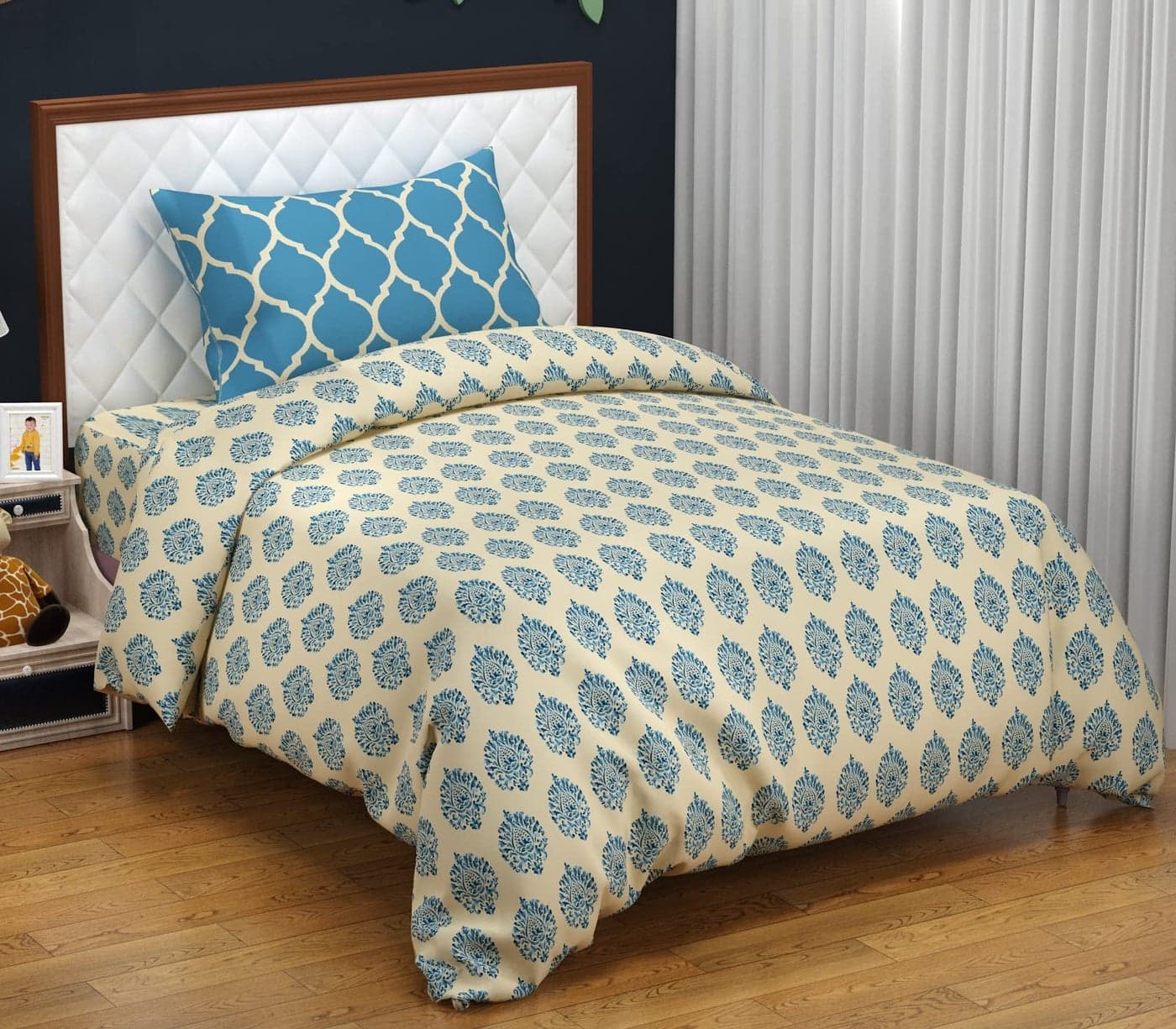 Trance Home Linen 200TC 100% Cotton Printed Zippered Single Size Duvet Cover/Blanket/Quilt | Comforter Cover/Razai Cover | with 1 Pillow Cover (60 x 92 Inch | Damask & Dori Blue)