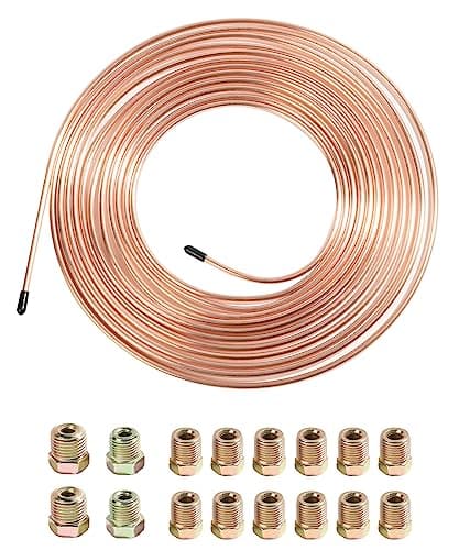 YAKEFLY Flexible 25 Ft Brake Line Tubing Kit 14 Copper Coated Alloy Tubing Coil with 16 Fittings Fuel Line Coil Gold