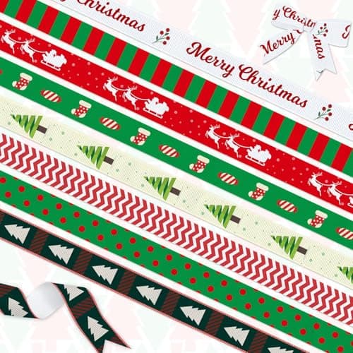 YKW Christmas Ribbon Set 8 Classic Designs Trees Santa Stripes 24 Yards Total 38 Wide Holiday Ribbon for Gifts Crafts Decorations Polyester Xmas Trim for DIY Party Decor