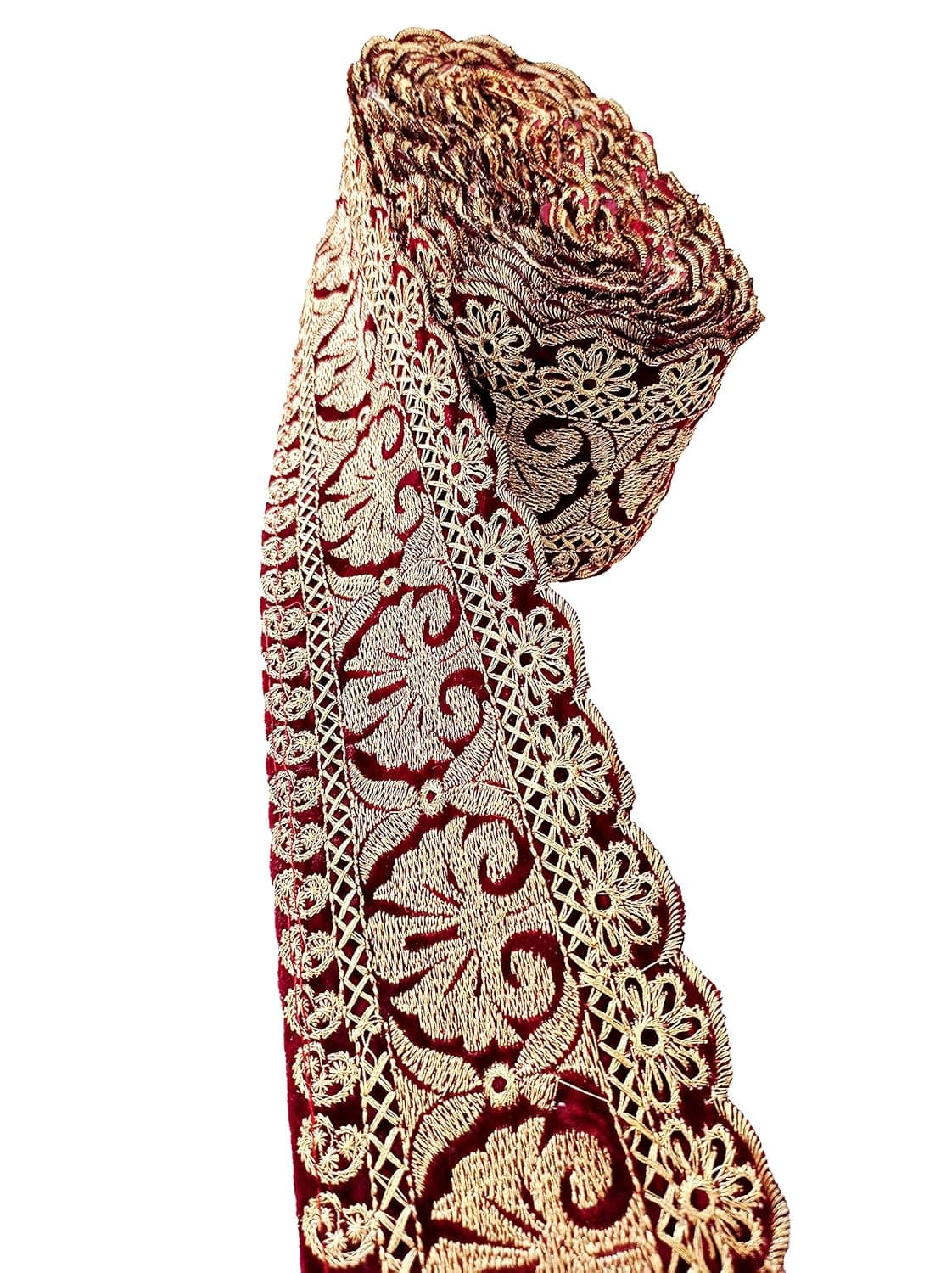 NEW BEST Velvet Fabric Heavy Finishing Golden Cutting Design Work Trim Ribbon Lace Border Decoration for Saree Kurti Dupatta Dresses etc 8 cm Width 9 m Made in India