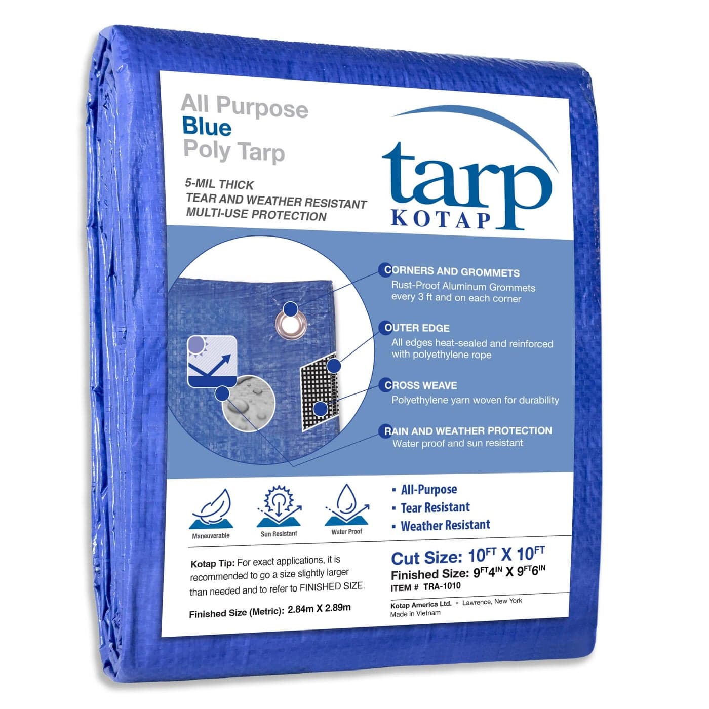 Kotap 10 x 10 Ft AllPurpose MultiUse ProtectionCoverage 5mil Poly Tarp Waterproof Blue 1Pack TRA1010