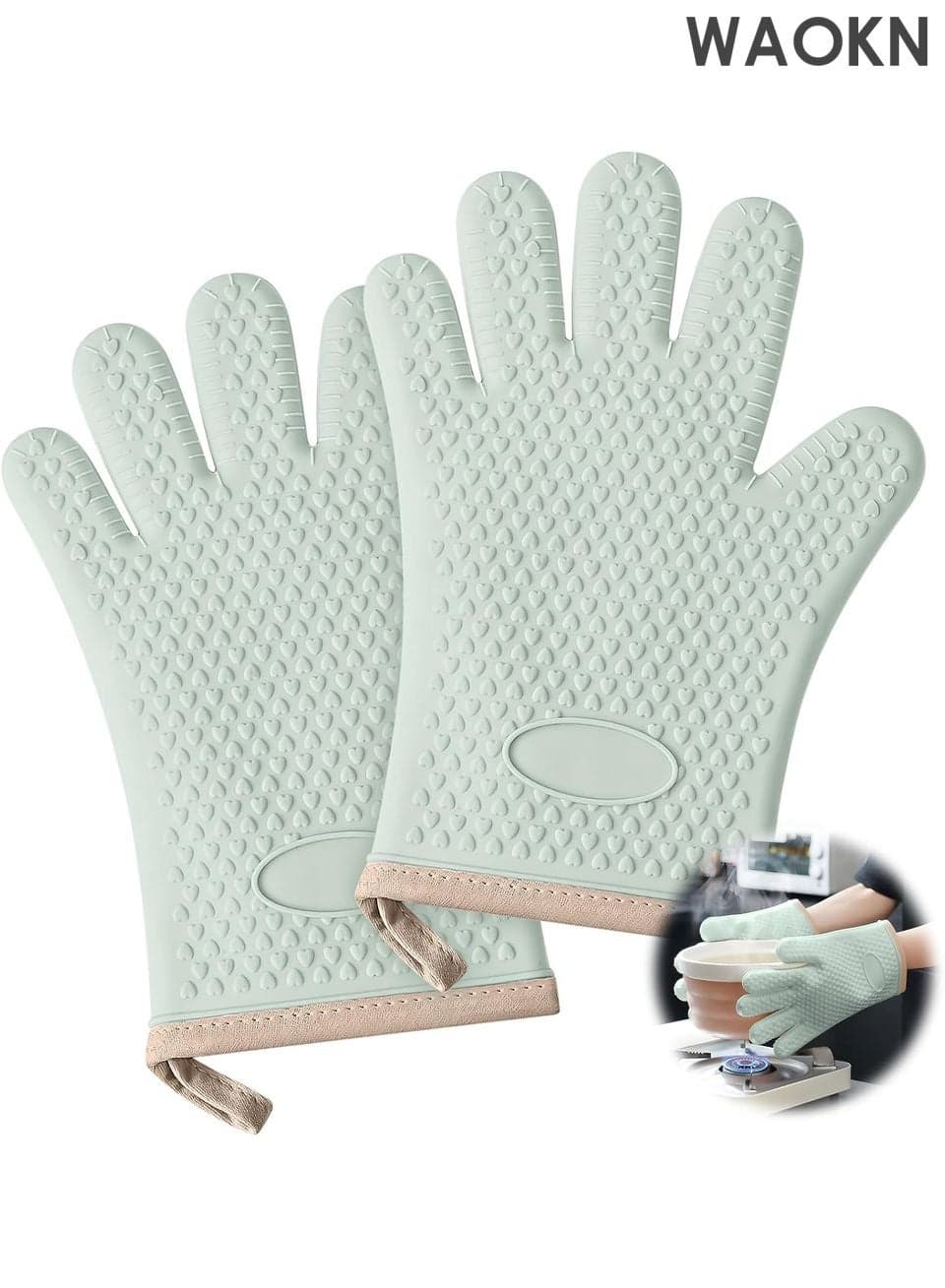 Cotton-Thickened Silicone Oven Mitts (2-Pack) – Premium Heat Resistant Gloves Up , Waterproof & Non-Slip Kitchen Mittens for Baking, BBQ, Cooking – Extended Fingertip Protection with Comfortable Cotton Lining – Ideal for Grilling, Pot Handling (Mint Green)