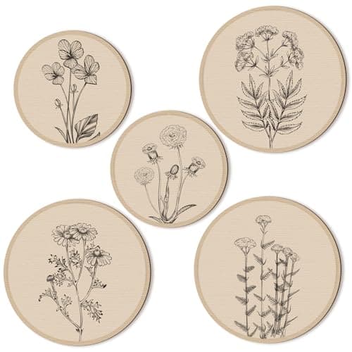 Qunclay 5 Pcs Wall Art Decor Wooden Living Room Wall Decor Bohemian Hanging Farmhouse Geometric 10'' and 8'' Aesthetic Wood Minimalist Posters for Bedroom(Floral)