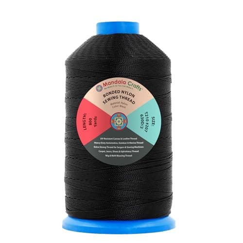 Mandala Crafts Size 207 630D T210 Bonded Nylon Thread Black 800 YDs Tex 210 Heavy Duty Sewing Threads for Leather Jeans Weaving Outdoor Marine Upholstery