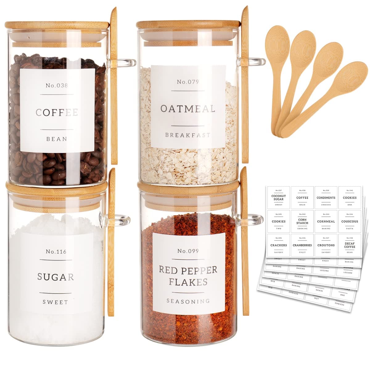 CZZGSM Glass Jar with Bamboo Lid and Spoon 4 Pcs 17 oz Sugar Container with 132 Food Pantry Labels Glass Containers with Wooden Lids Hold Coffee Tea Candy