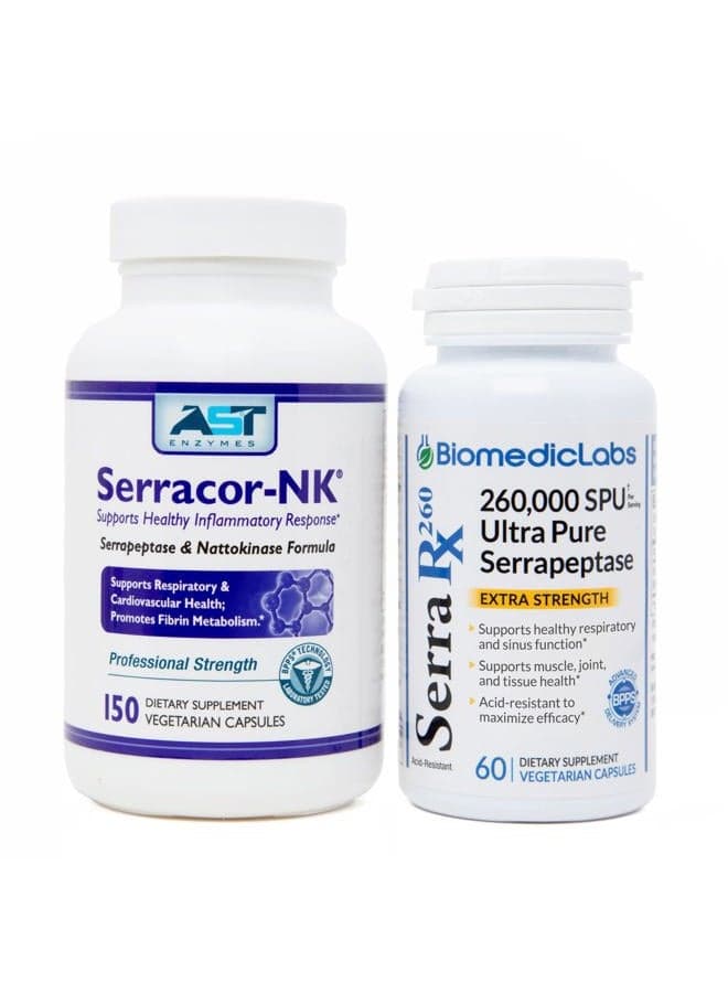 Serracor-NK & Serra-RX 260,000 SU - Scar Tissue Bundle (150 Capsules & 60 Capsules) - Enteric Coated Serrapeptase Proteolytic Systemic Enzyme, Respiratory & Lung Support