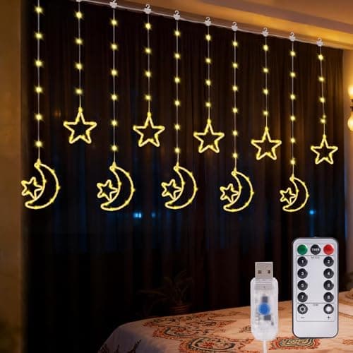 Ramadan Lights Decorations for Home,135 LED Star Moon Curtain Lights,Dimmable Twinkle Curtain Fairy Lights with Remote,Timer,8 Lighting Modes,Hanging Decor for Bedroom Window Holiday,Ramadan Gifts