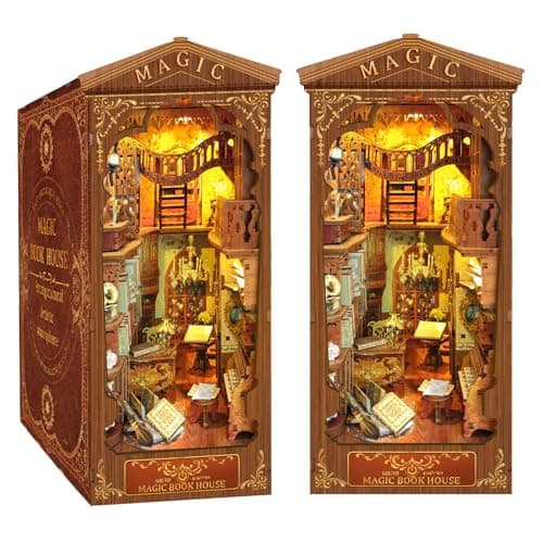 CRIOLPO Book Nook Kit DIY Doll House Booknook Book Nook Miniature Kit for Bookshelf Insert Decor Crafts for Adults Teen Halloween 3D Wooden Puzzle Bookends with Sensor Led Light