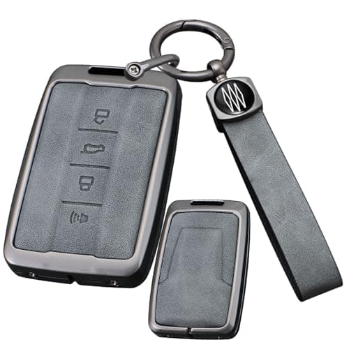 SANRILY Gray Metal Leather 4 Button Key Fob Cover Compatible with Great Wall TANK 300 500 Tank300 Tank500 GWM WEY for Haval Keyless Key Holder with Keychain B