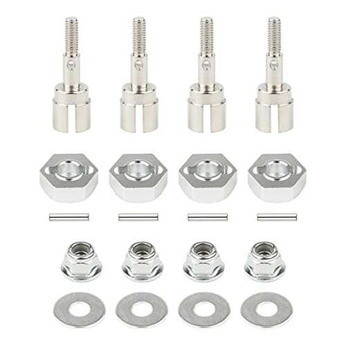 Rchobbytop 4 Sets 12mm Wheel Hex Drive Hub Adaptor & Steel Stub Axle & M4 Locknut Washers for 1/10 RC Car, Replace Parts of 102042 (02134) 122042 02033 for HSP 94108 94111 94123 94124 94170, Silver