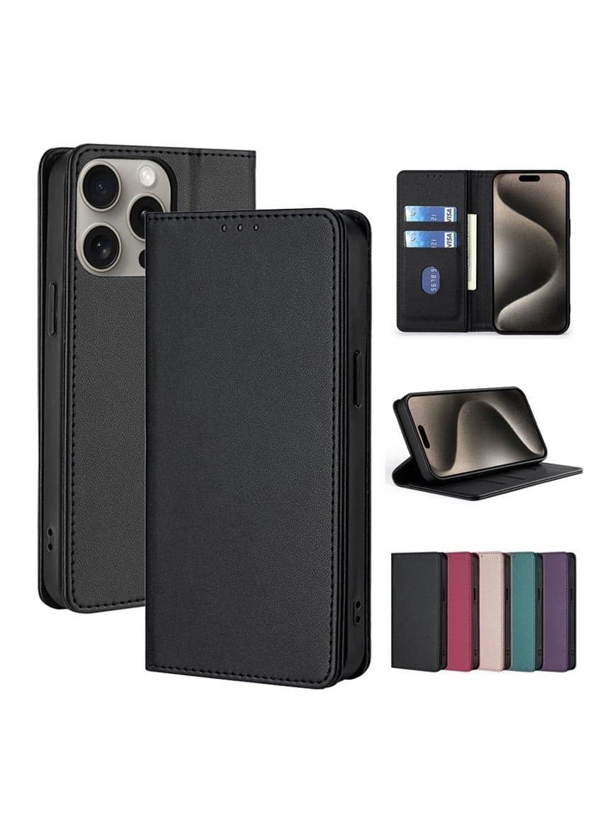 Magnetic Leather Protective Phone Case Cover for iPhone 16 Pro Max Black