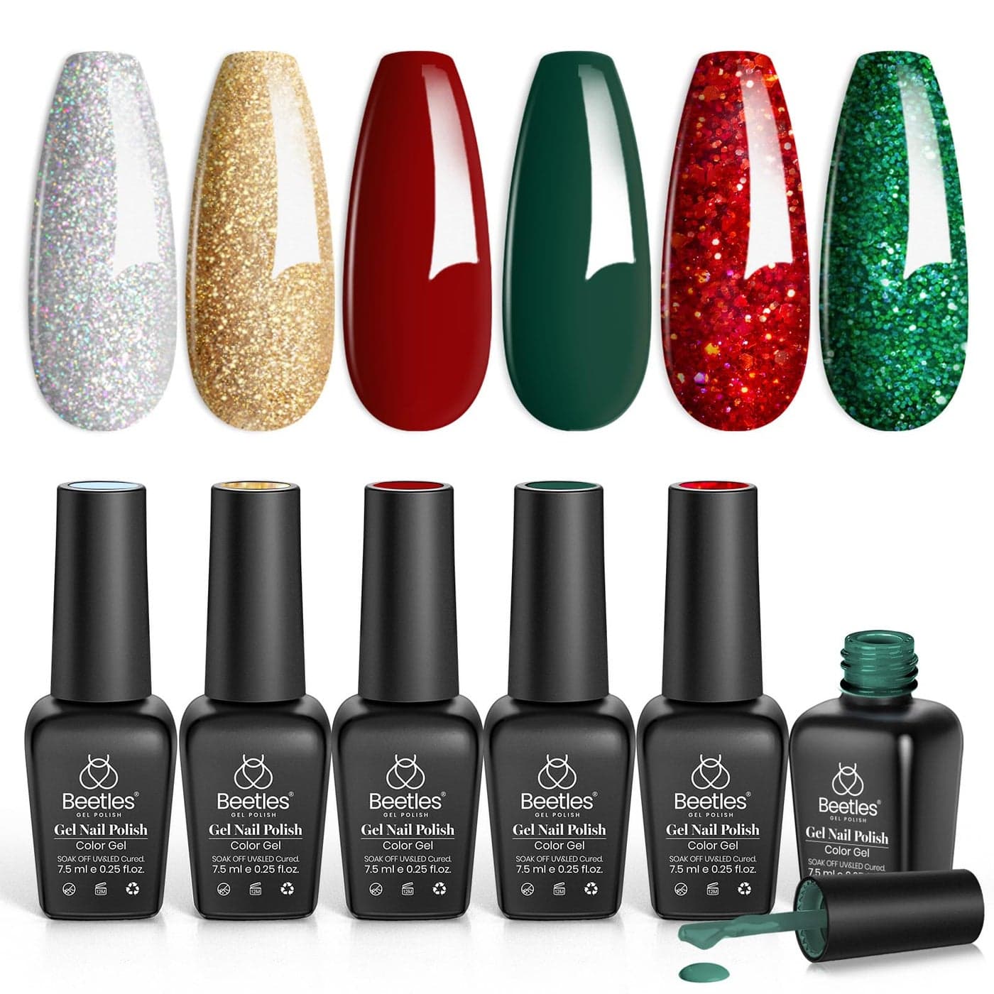 Beetles Gel Nail Polish Red Sparkle Green Glitter Gold Silver Winter Gel Polish Dark Green Dark Red Gel Polish Kits Soak Off Nail Lamp Uv LED Cured for Nail Art Design for Women