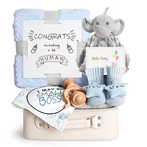 iAOVUEBY Baby Shower Gifts Baby Boy Gift Basket Set Newborn Blanket Elephant Lovey Baby Security Blanket Wooden Rattle Toy Funny Bibs Socks Greeting Card New Boys Baby Gift Essentials