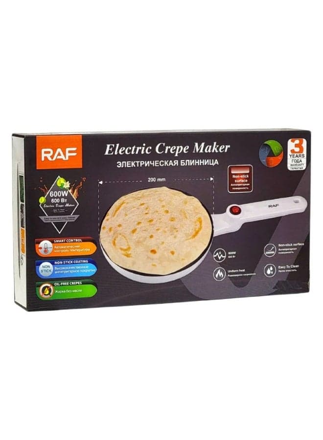 RAF 600W Electric Crepe Pan with Non-Stick Coating, Smart Heat Control, Uniform Heating Plate, Easy Clean Surface, Perfect for Thin Crepes, Pancakes, Wraps and Flatbreads at Home