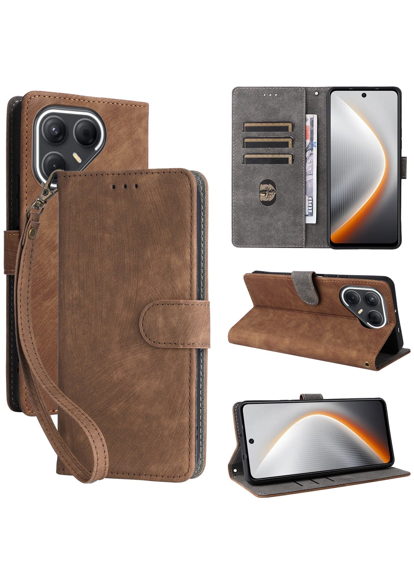 For Tecno Pova 7 5G Flip Cover with Detachable Lanyard, PU Leather Full Body Protection Shockproof Flip Mobile Phone Case, RFID Anti-theft Brush Folio Wallet Case