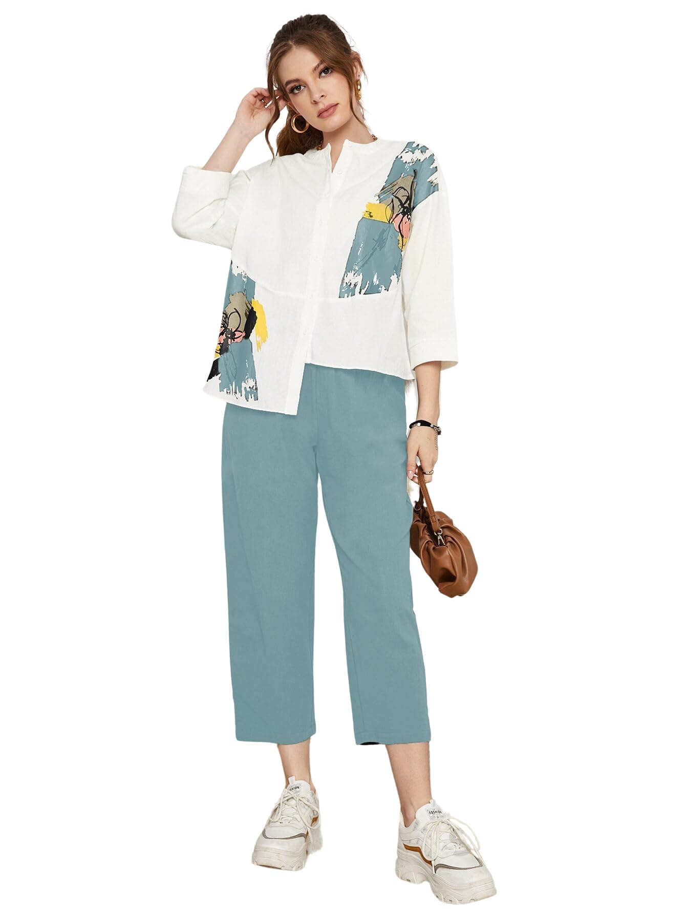 TOPLOT Women's Co-ord Set | Button-up, Loose-fit top with Artistic Abstract Prints| Relaxed Loose Fit Design | Stylish Matching Set with Easy Movement | Casual, Outings (5234_S_Aqua)