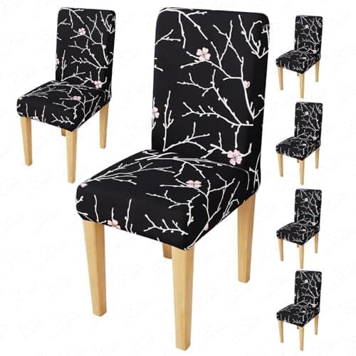 Lukzer 6PC's Black Stem Design Stretchable Dining Chair Cover | Universal Fit Removable Washable Slipcover | 140 GSM Polyester Spandex | Elastic Protective Cover for Home & Hotel Chairs (CC-001-06)