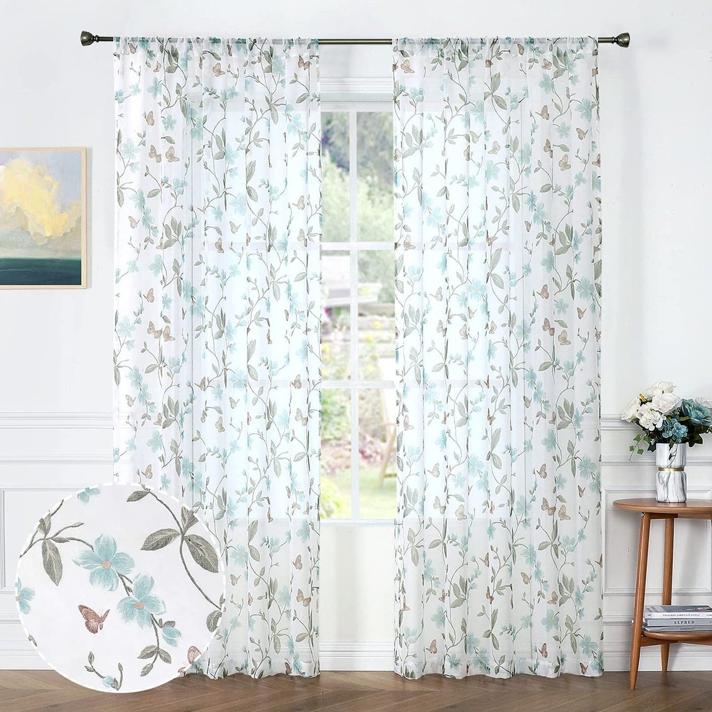 Tollpiz Sheer Floral Curtain Blue Flower Butterfly Printed Bedroom Curtains Rod Pocket Voile Faux Linen Window Curtain for Living Room 54 x 84 inches Long Set of 2 Panels
