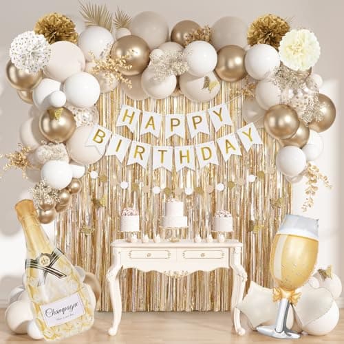 Ouddy Life White Gold Birthday Party Decorations Kit for Women Girls Happy Birthday Banner Sand White Metallic Gold Foil Confetti Balloons Fringe Curtain Cake Topper Pompoms Butterfly Supplies