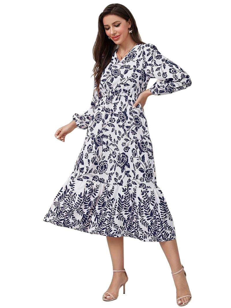 TADKEE Women's Cotton Blend Classic Below The Knee Casual Dress (FN-Floral-Dress-135-Navy-XL)