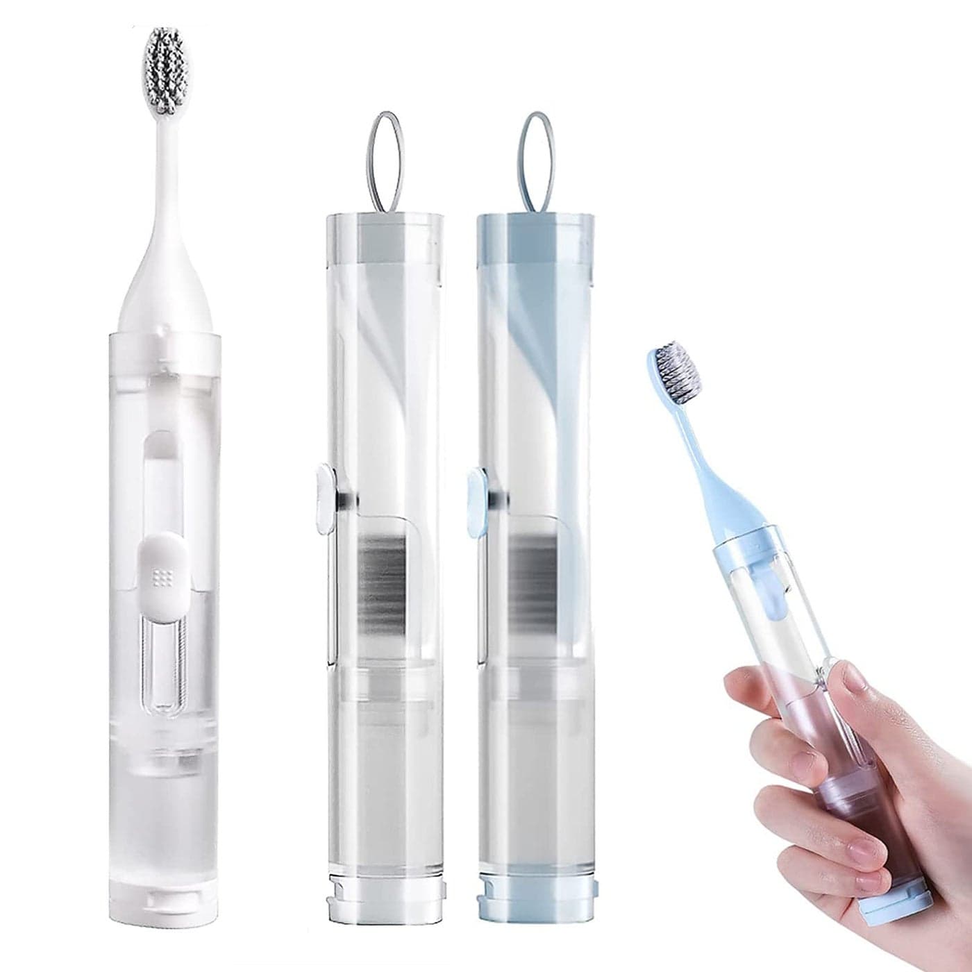2Pcs Travel Toothbrushes Kit Fold Travel Size Toothbrushes Builtin Toothpaste Container Including 2 Cleaner Head Soft Bristles for Camping School Business Trip Blue White
