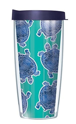 Signature Tumblers Paisley Teal Sea Turtles Wrap on Teal 16 Ounce Double-Walled Travel Tumbler Mug with Navy Blue Easy Sip Lid