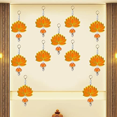 GIFT JAIPUR Lotus Orange Jhumka Wall Decor Hanging Set of 11 - Diwali Showpiece Gift Home Temple Pooja Festival Wedding Marriage Stage Decoration